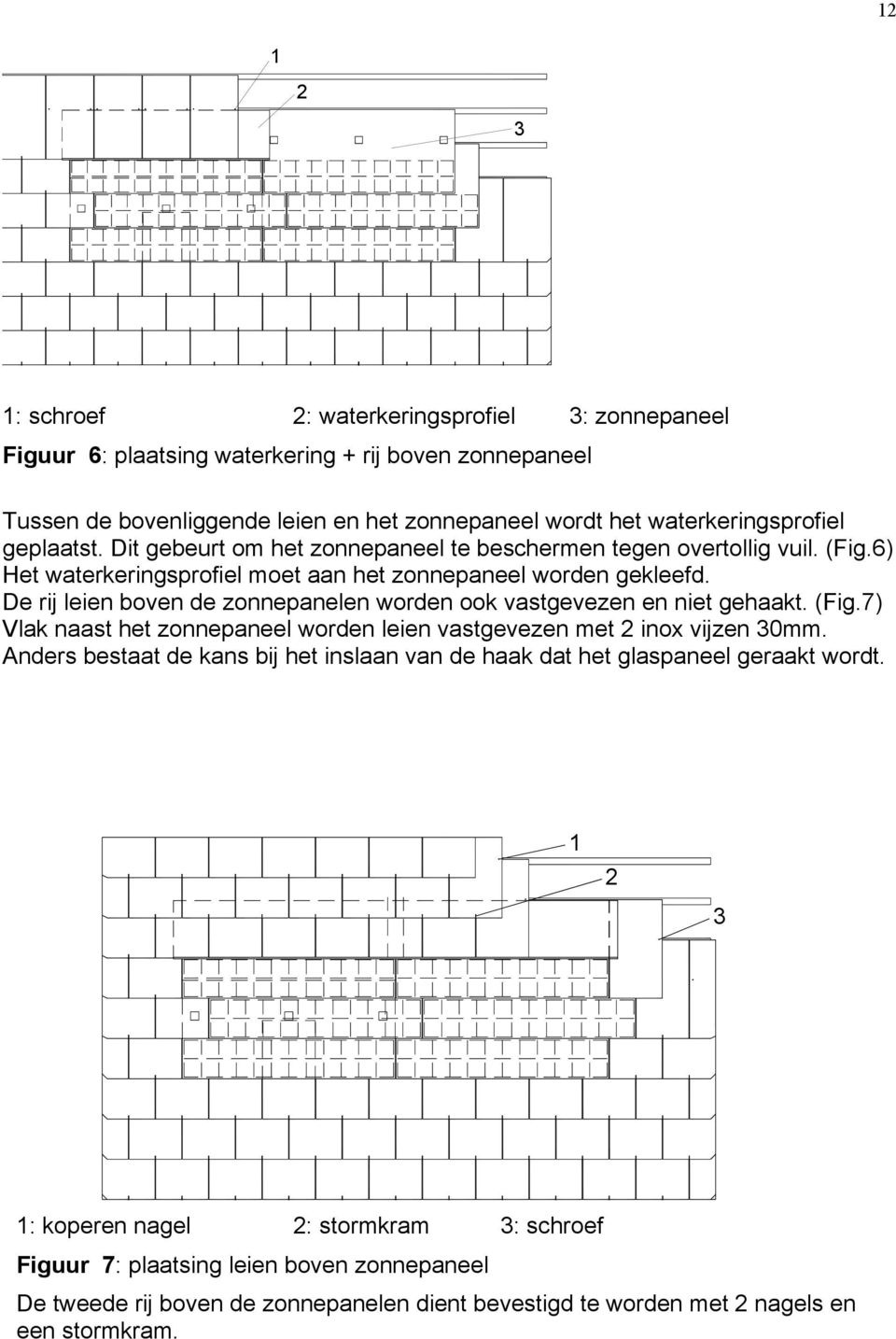 De rij leien boven de zonnepanelen worden ook vastgevezen en niet gehaakt. (Fig.7) Vlak naast het zonnepaneel worden leien vastgevezen met inox vijzen 0mm.