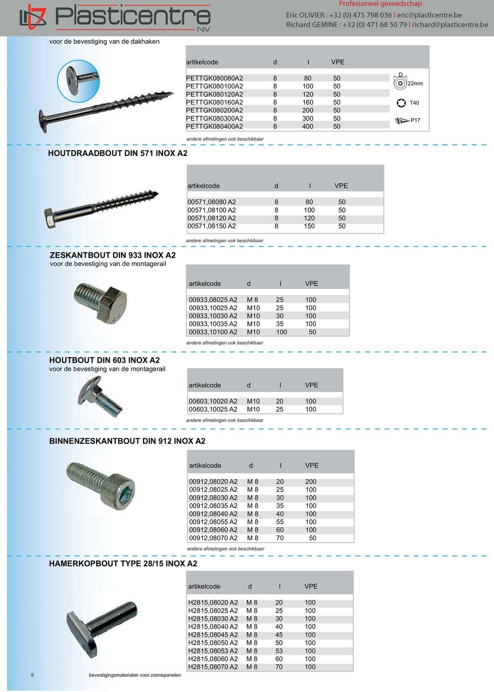 PETTGK080400A2 8 400 50 D 22mm T40 P17 artikecoe VPE 00571,08080 A2 8 80 50 00571,08100 A2 8 100 50 00571,08120 A2 8 120 50 00571,08150 A2 8 150 50 ZESKANTBOUT DIN 933 INOX A2 voor e bevestiging van