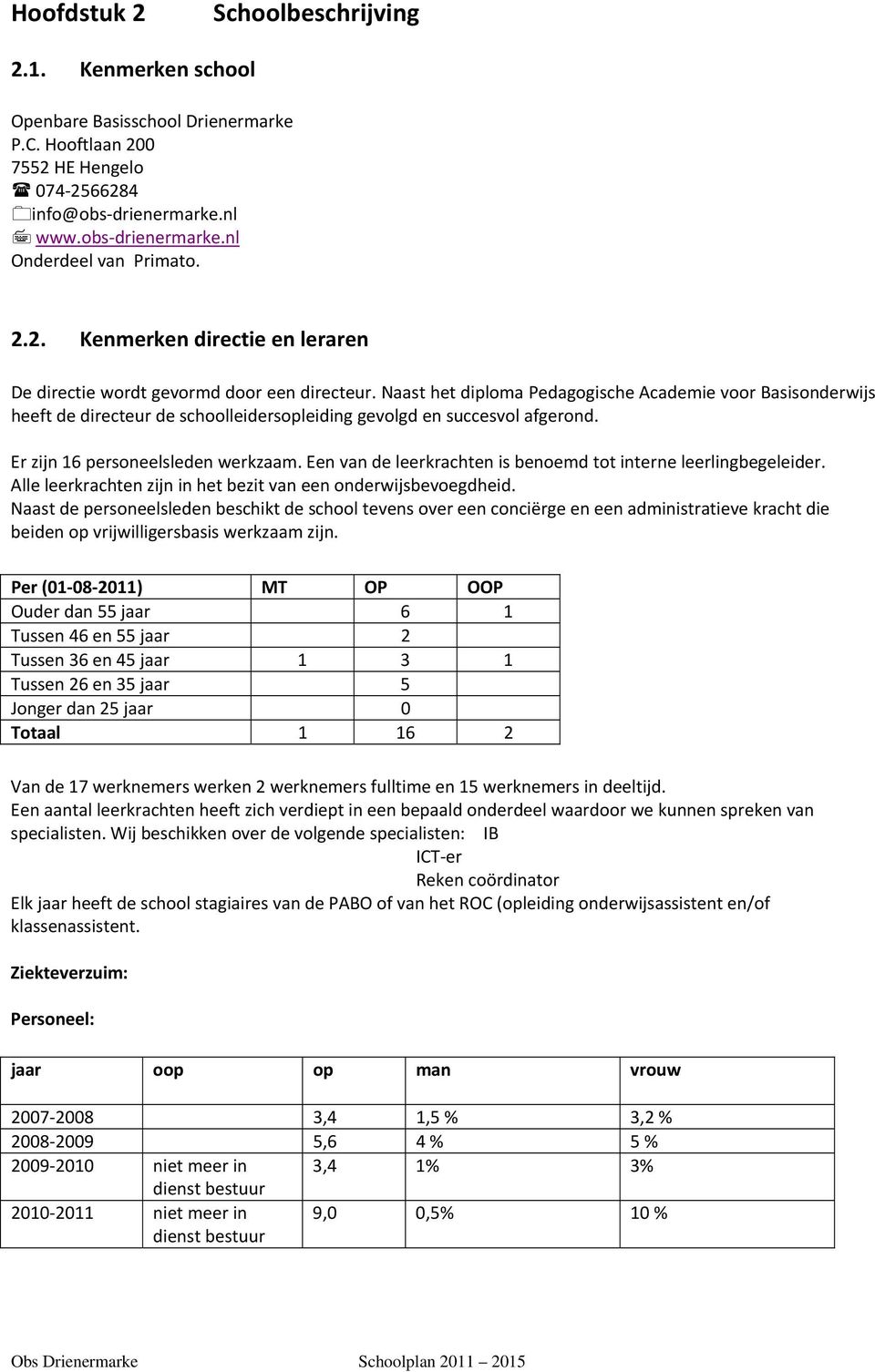 Naast het diploma Pedagogische Academie voor Basisonderwijs heeft de directeur de schoolleidersopleiding gevolgd en succesvol afgerond. Er zijn 16 personeelsleden werkzaam.