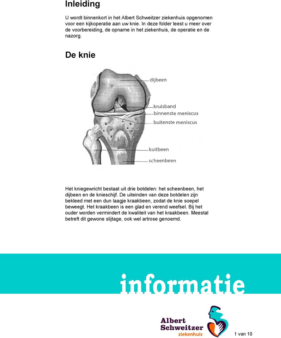 De knie Het kniegewricht bestaat uit drie botdelen: het scheenbeen, het dijbeen en de knieschijf.