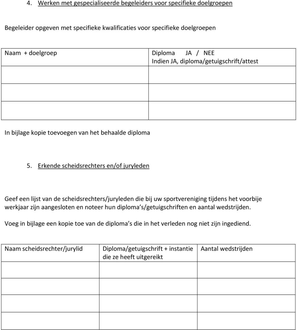 Erkende scheidsrechters en/of juryleden Geef een lijst van de scheidsrechters/juryleden die bij uw sportvereniging tijdens het voorbije werkjaar zijn aangesloten en noteer