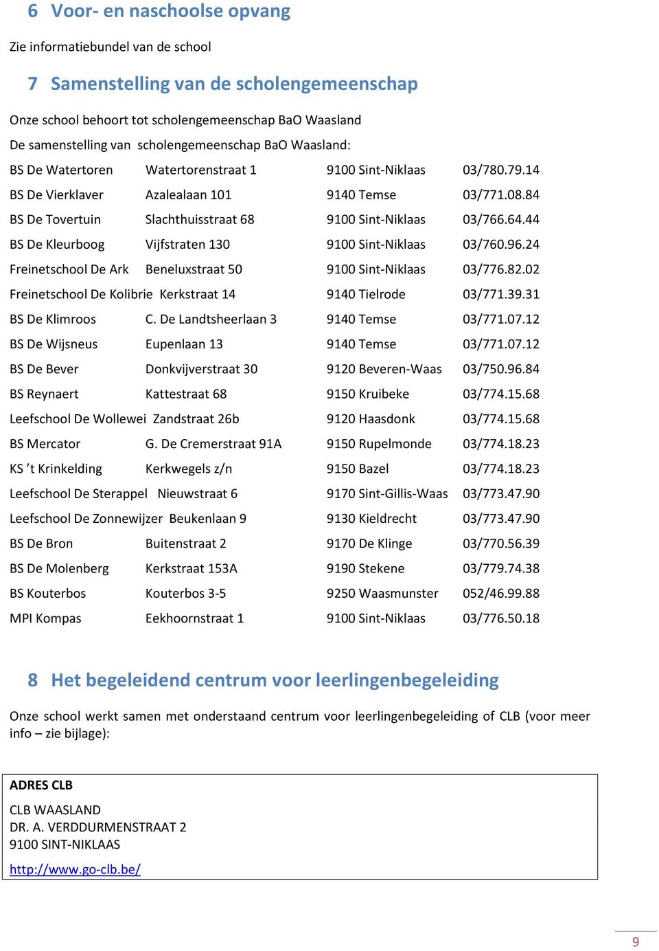 84 BS De Tovertuin Slachthuisstraat 68 9100 Sint-Niklaas 03/766.64.44 BS De Kleurboog Vijfstraten 130 9100 Sint-Niklaas 03/760.96.24 Freinetschool De Ark Beneluxstraat 50 9100 Sint-Niklaas 03/776.82.