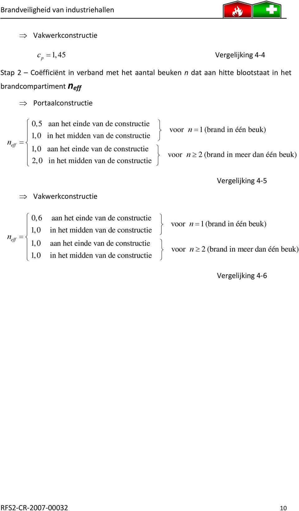 voor voor n = 1 (brand in één beuk) n 2 (brand in meer dan één beuk) Vergelijking 4 5 Vakwerkconstructie n eff 0, 6 aan het einde van de constructie 1,0 in het midden van de