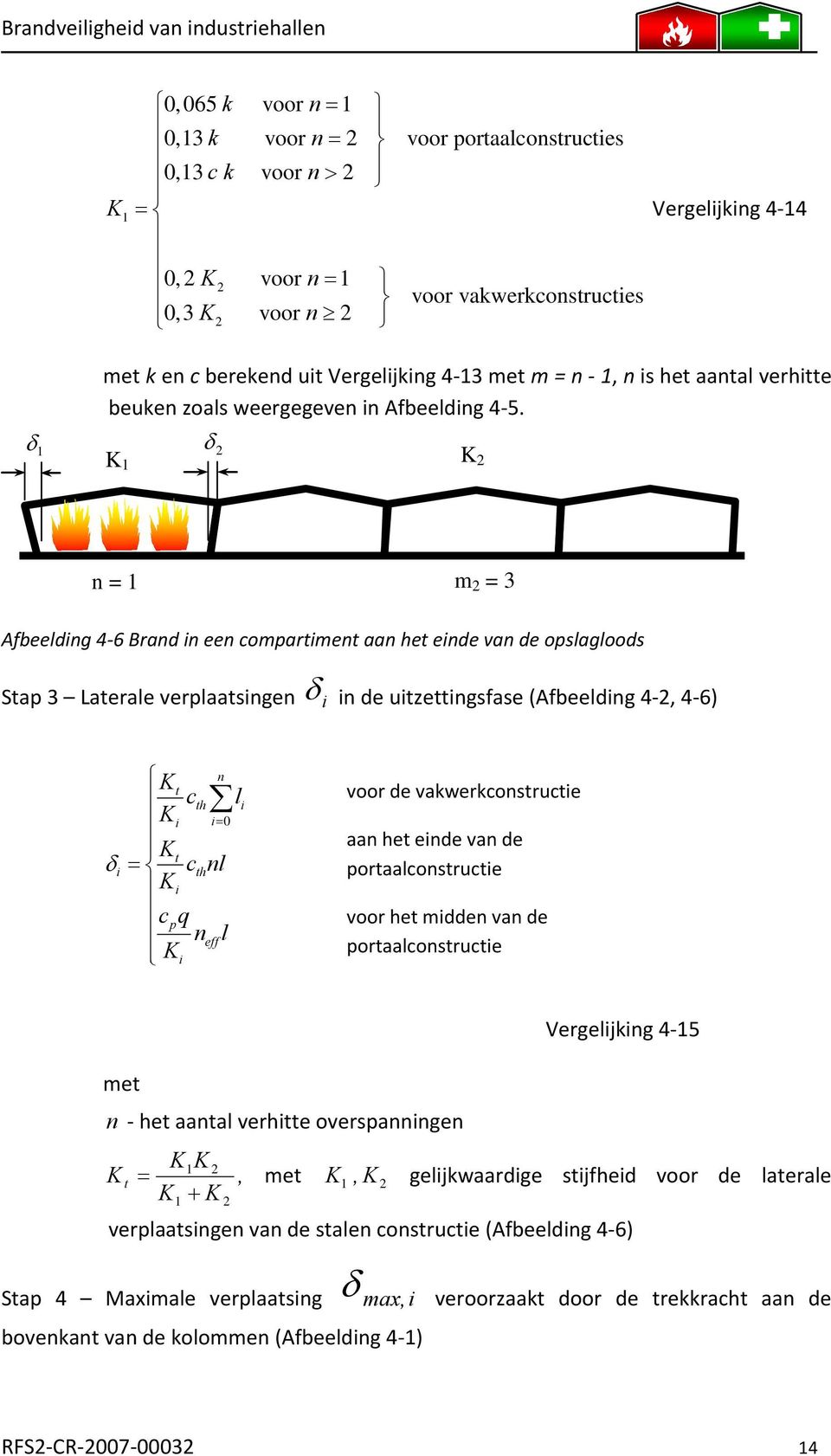 δ δ 1 2 K 1 K 2 n = 1 m 2 = 3 Afbeelding 4 6 Brand in een compartiment aan het einde van de opslagloods Stap 3 Laterale verplaatsingen δ i in de uitzettingsfase (Afbeelding 4 2, 4 6) δi = n Kt c th l