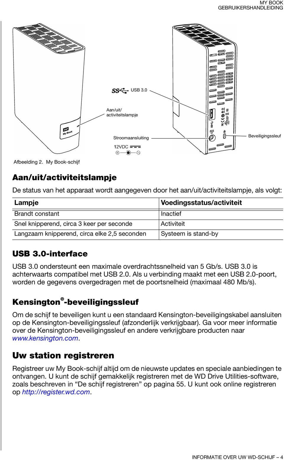 Langzaam knipperend, circa elke 2,5 seconden USB 3.0-interface USB 3.0 ondersteunt een maximale overdrachtssnelheid van 5 Gb/s. USB 3.0 is achterwaarts compatibel met USB 2.0. Als u verbinding maakt met een USB 2.