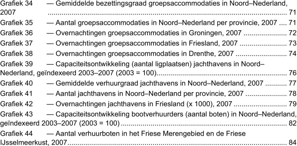 .. 73 Grafiek 38 Overnachtingen groepsaccommodaties in Drenthe, 2007... 74 Grafiek 39 Capaciteitsontwikkeling (aantal ligplaatsen) jachthavens in Noord Nederland, geïndexeerd 2003 2007 (2003 = 100).