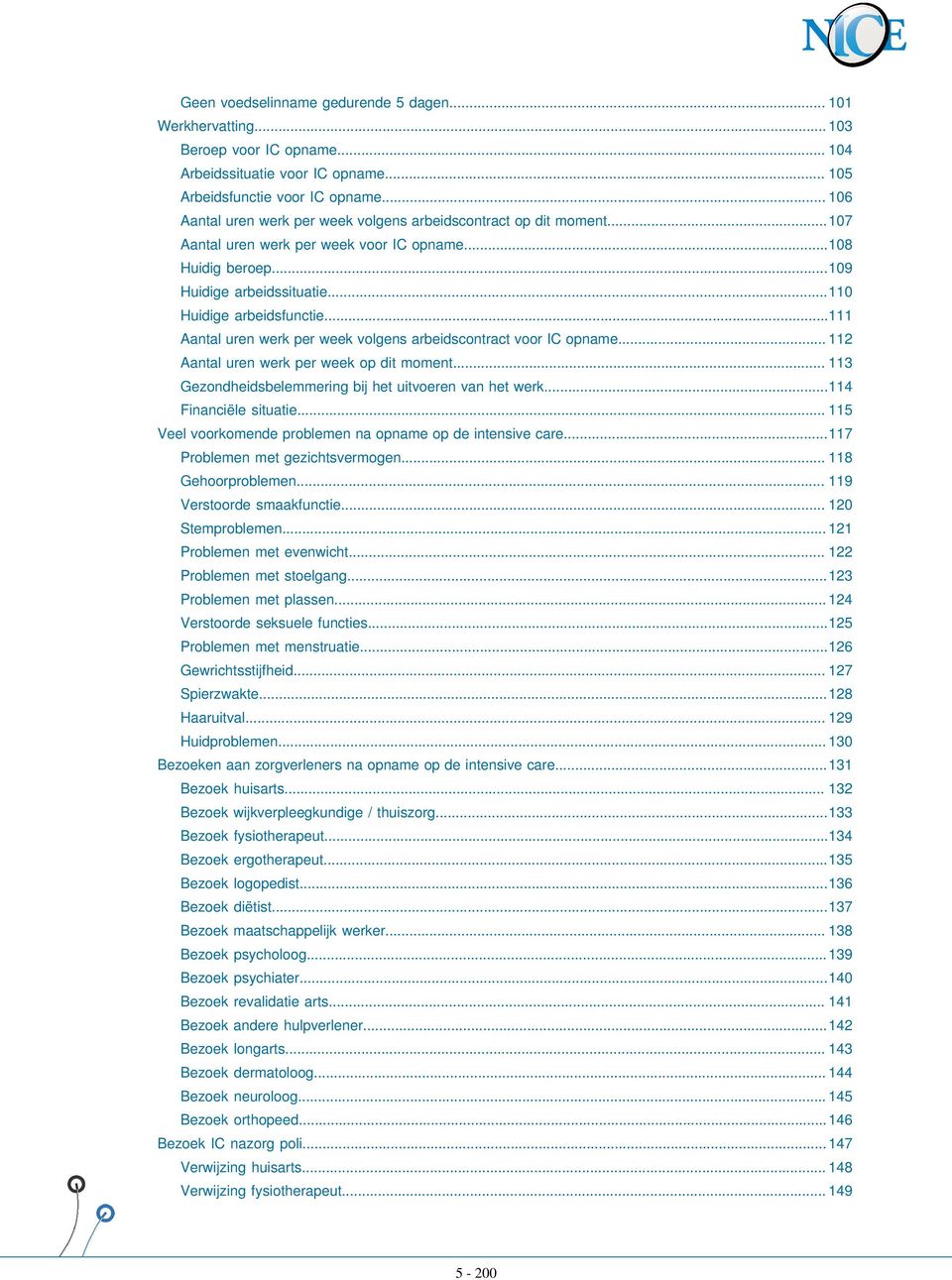 ..111 Aantal uren werk per week volgens arbeidscontract voor IC opname... 112 Aantal uren werk per week op dit moment... 113 Gezondheidsbelemmering bij het uitvoeren van het werk.