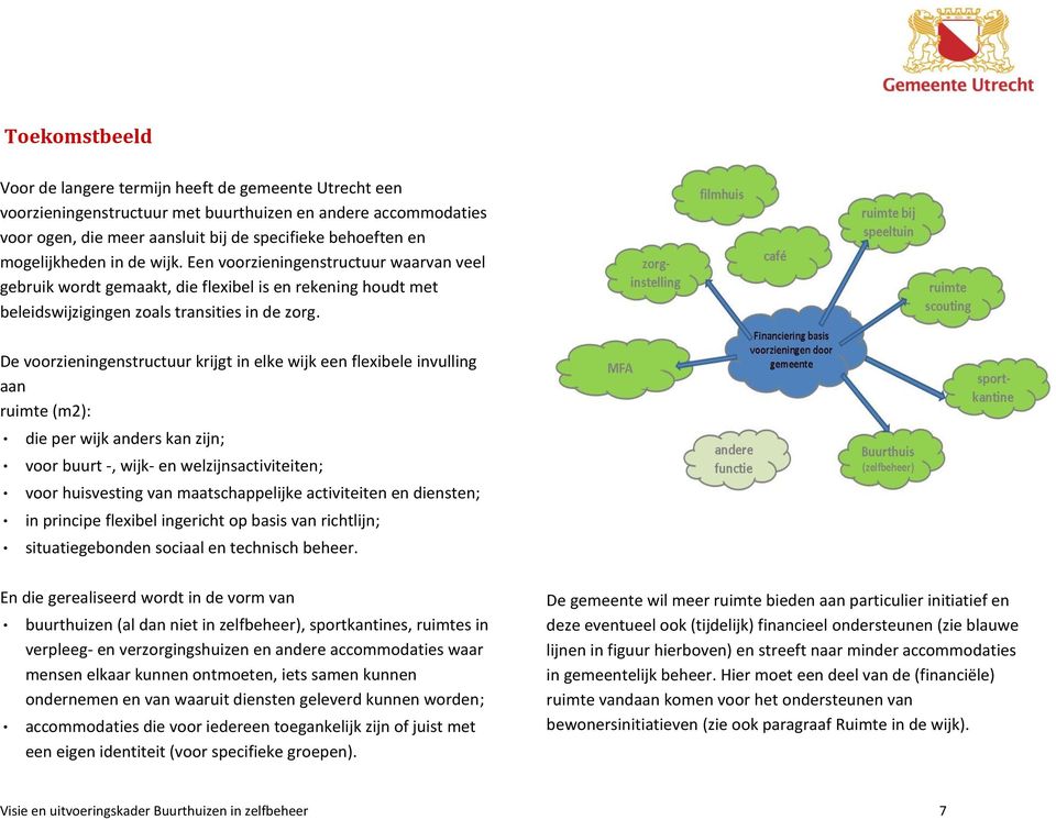 De voorzieningenstructuur krijgt in elke wijk een flexibele invulling aan ruimte (m2): die per wijk anders kan zijn; voor buurt -, wijk- en welzijnsactiviteiten; voor huisvesting van maatschappelijke