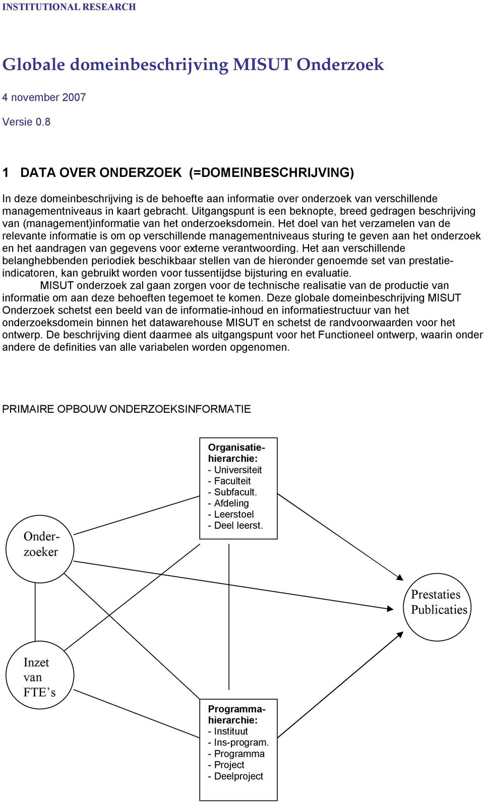 Uitgangspunt is een beknopte, breed gedragen beschrijving van (management)informatie van het onderzoeksdomein.