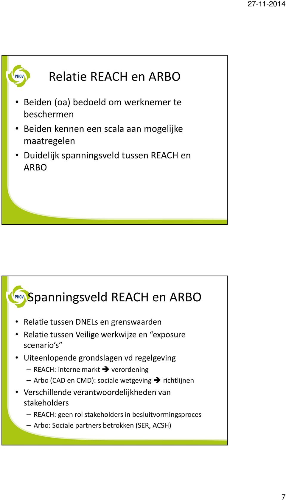 exposure scenario s Uiteenlopende grondslagen vd regelgeving REACH: interne markt verordening Arbo (CAD en CMD): sociale wetgeving