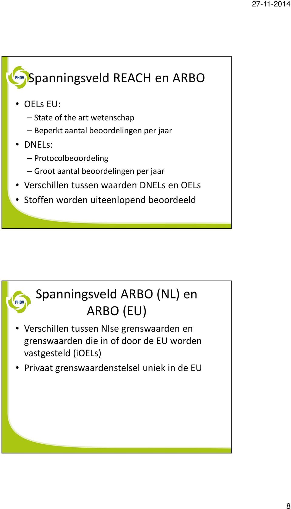 Stoffen worden uiteenlopend beoordeeld Spanningsveld ARBO (NL) en ARBO (EU) Verschillen tussen Nlse