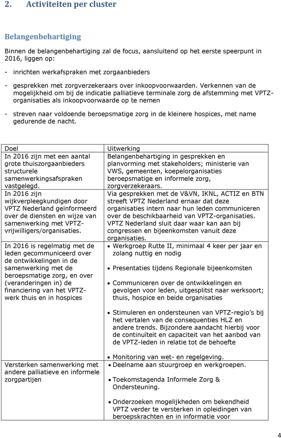 Verkennen van de mogelijkheid om bij de indicatie palliatieve terminale zorg de afstemming met VPTZorganisaties als inkoopvoorwaarde op te nemen - streven naar voldoende beroepsmatige zorg in de