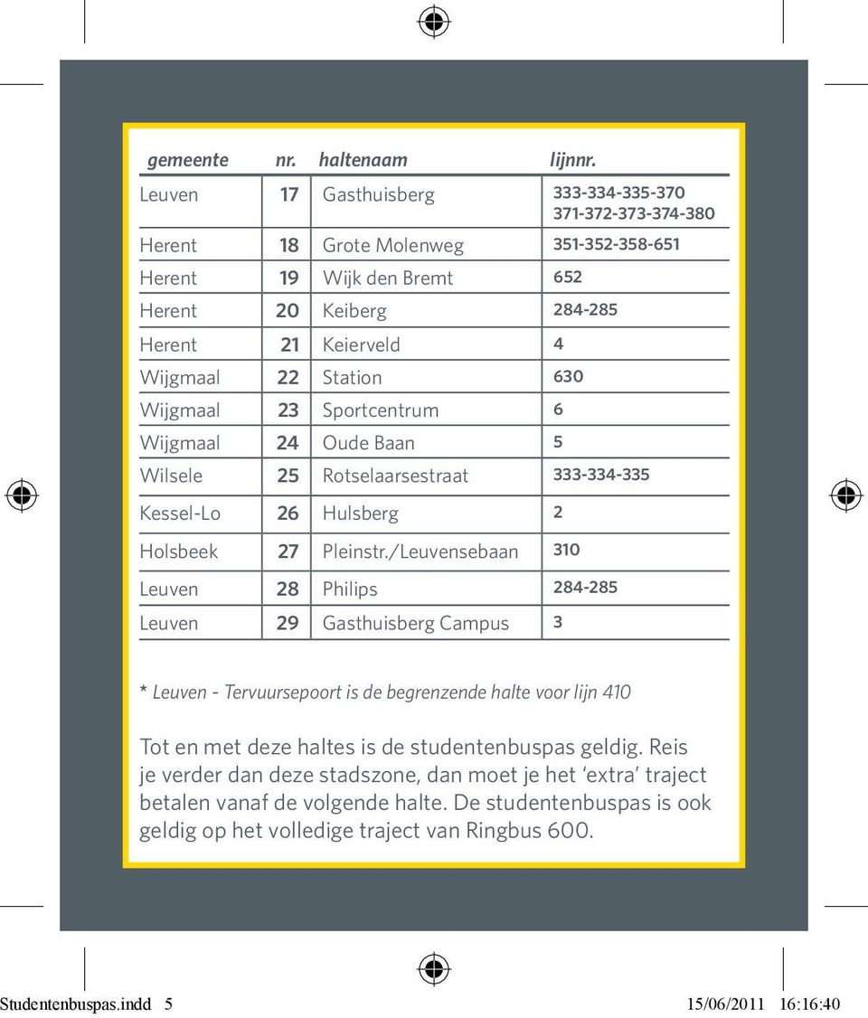 Station 630 Wijgmaal 23 Sportcentrum 6 Wijgmaal 24 Oude Baan 5 Wilsele 25 Rotselaarsestraat 333-334-335 Kessel-Lo 26 Hulsberg 2 Holsbeek 27 Pleinstr.