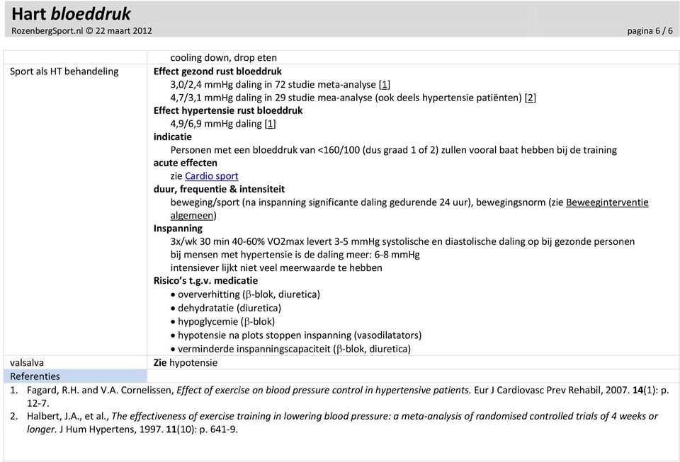 mea-analyse (ook deels hypertensie patiënten) [2] Effect hypertensie rust bloeddruk 4,9/6,9 mmhg daling [1] indicatie Personen met een bloeddruk van <160/100 (dus graad 1 of 2) zullen vooral baat