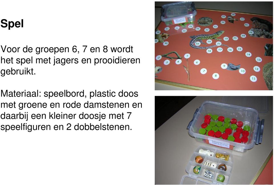 Materiaal: speelbord, plastic doos met groene en rode