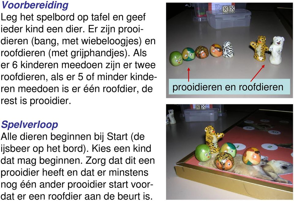 Als er 6 kinderen meedoen zijn er twee roofdieren, als er 5 of minder kinderen meedoen is er één roofdier, de rest is prooidier.