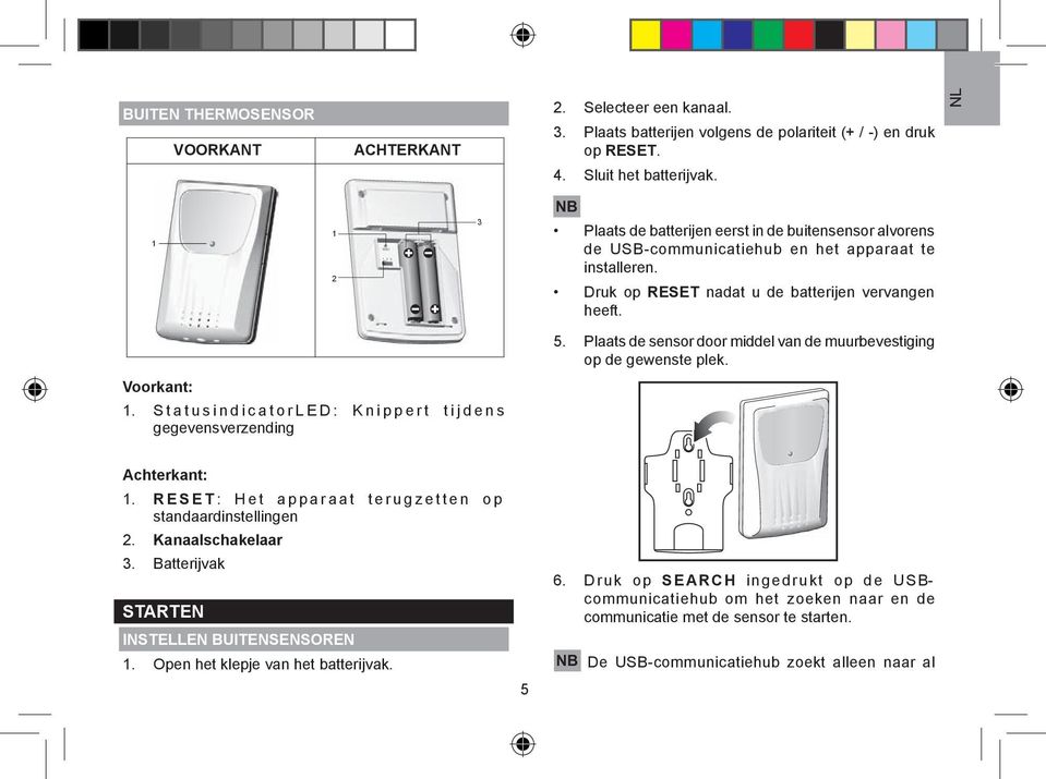 S t a t u s i n d i c a t o r L E D : K n i p p e r t t i j d e n s gegevensverzending 5. Plaats de sensor door middel van de muurbevestiging op de gewenste plek. Achterkant: 1.