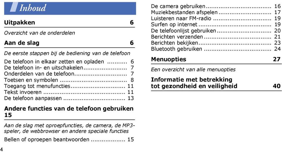 .. 13 Andere functies van de telefoon gebruiken 15 Aan de slag met oproepfuncties, de camera, de MP3- speler, de webbrowser en andere speciale functies Bellen of oproepen beantwoorden.