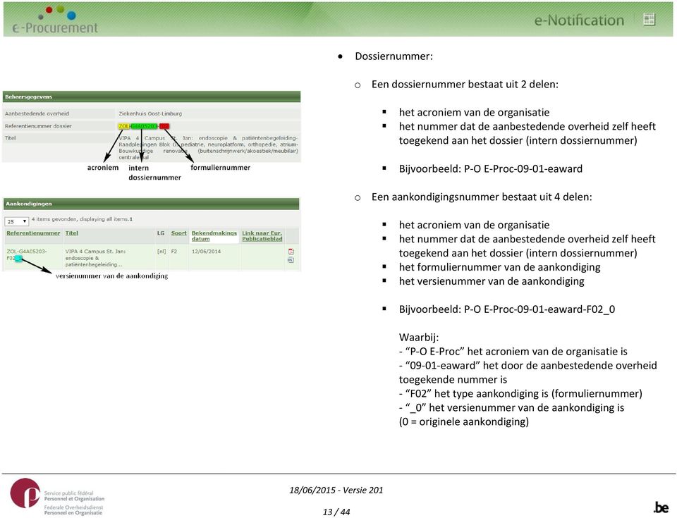 (intern dossiernummer) het formuliernummer van de aankondiging het versienummer van de aankondiging Bijvoorbeeld: P-O E-Proc-09-01-eaward-F02_0 Waarbij: - P-O E-Proc het acroniem van de