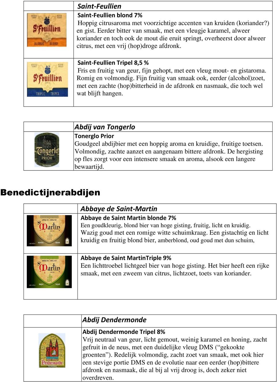 Saint-Feullien Tripel 8,5 % Fris en fruitig van geur, fijn gehopt, met een vleug mout- en gistaroma. Romig en volmondig.