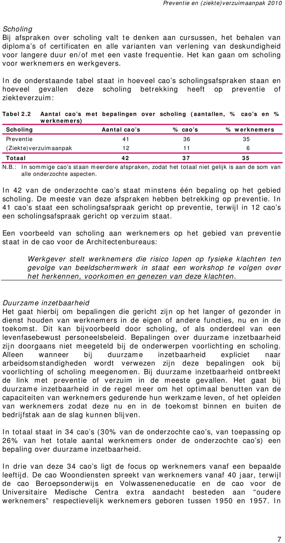 In de onderstaande tabel staat in hoeveel cao s scholingsafspraken staan en hoeveel gevallen deze scholing betrekking heeft op preventie of ziekteverzuim: Tabel 2.