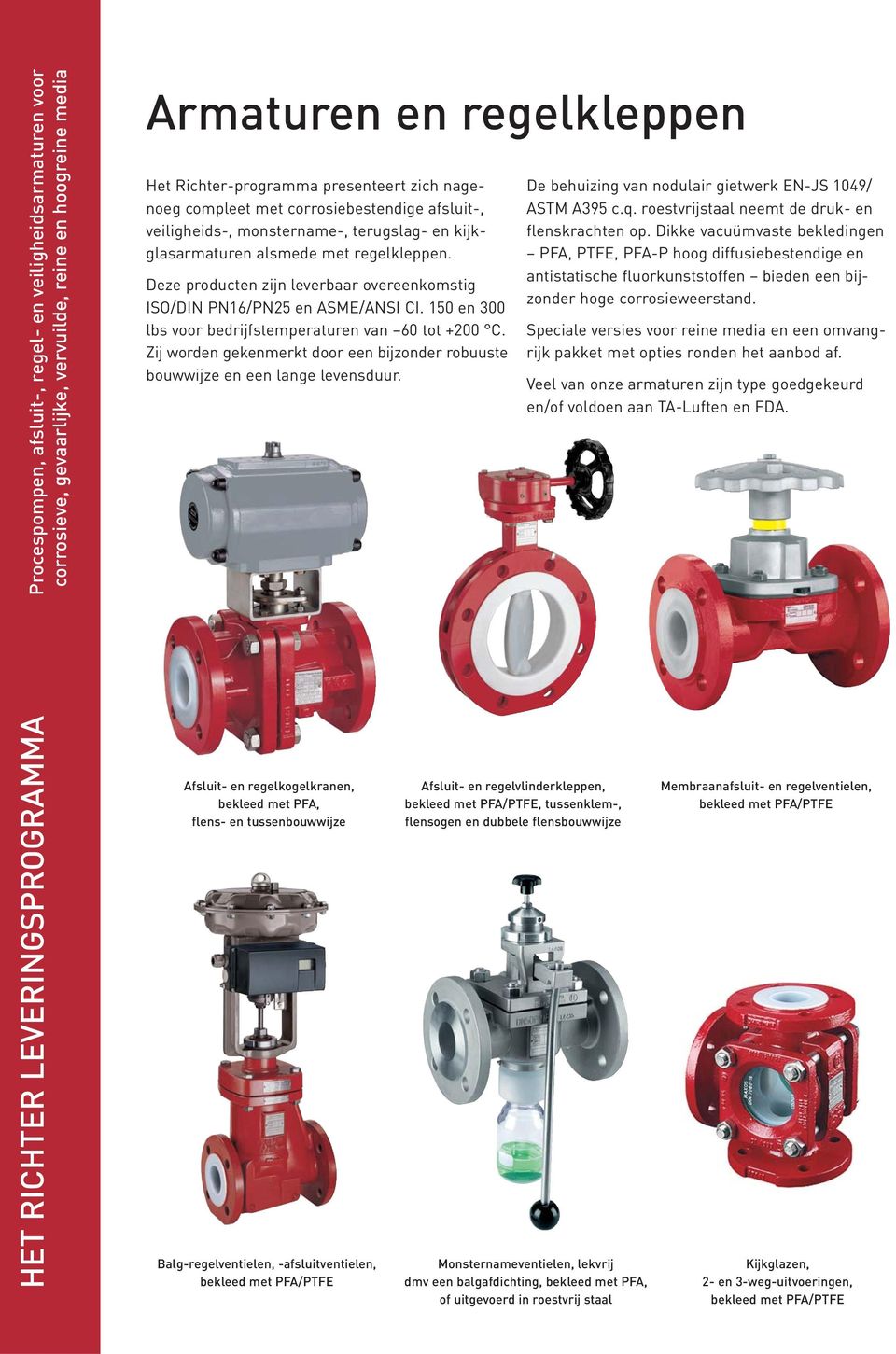 Deze producten zijn leverbaar overeenkomstig ISO/DIN PN16/PN25 en ASME/ANSI CI. 150 en 300 lbs voor bedrijfstemperaturen van 60 tot +200 C.