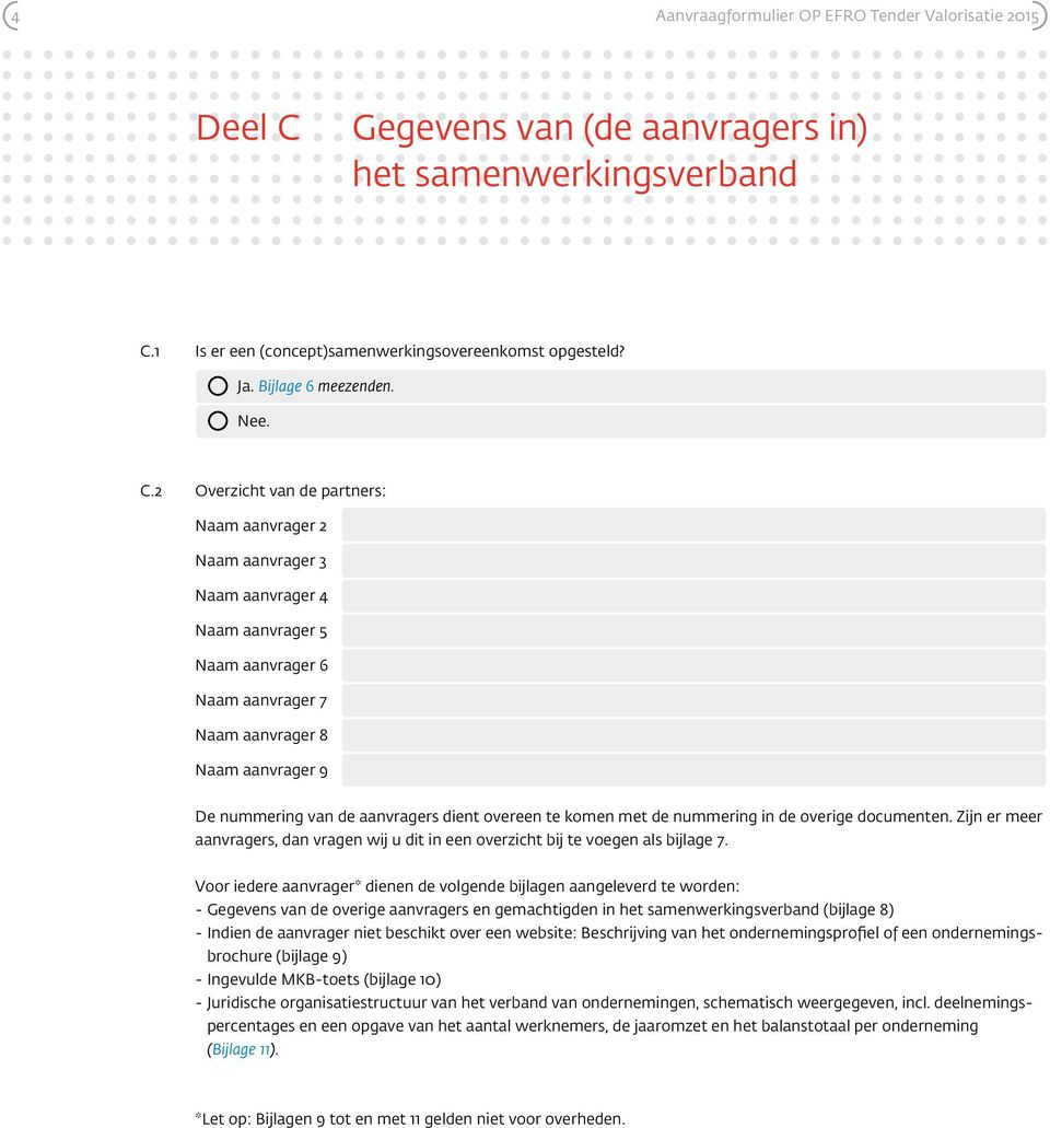 2 Overzicht van de partners: Naam aanvrager 2 Naam aanvrager 3 Naam aanvrager 4 Naam aanvrager 5 Naam aanvrager 6 Naam aanvrager 7 Naam aanvrager 8 Naam aanvrager 9 De nummering van de aanvragers