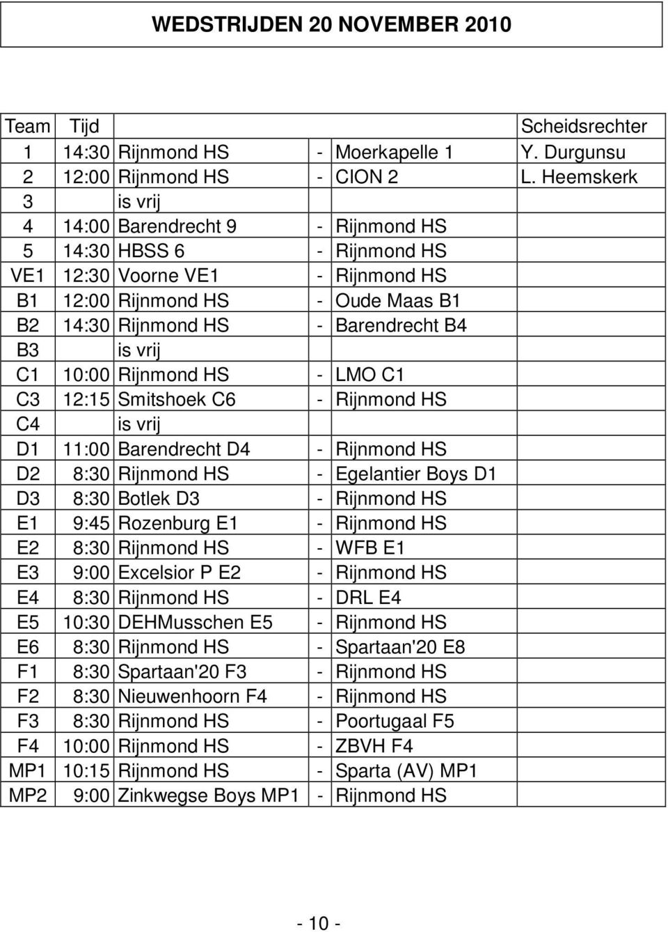 vrij C1 10:00 Rijnmond HS - LMO C1 C3 12:15 Smitshoek C6 - Rijnmond HS C4 is vrij D1 11:00 Barendrecht D4 - Rijnmond HS D2 8:30 Rijnmond HS - Egelantier Boys D1 D3 8:30 Botlek D3 - Rijnmond HS E1