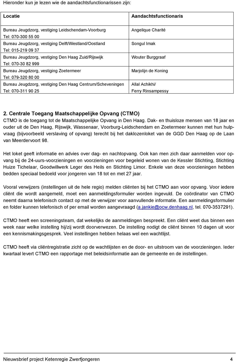 Den Haag Centrum/Scheveningen Tel: 070-311 90 25 Angelique Charité Songul Imak Wouter Burggraaf Marjolijn de Koning Allal Achikhi/ Ferry Rinsampessy 2.