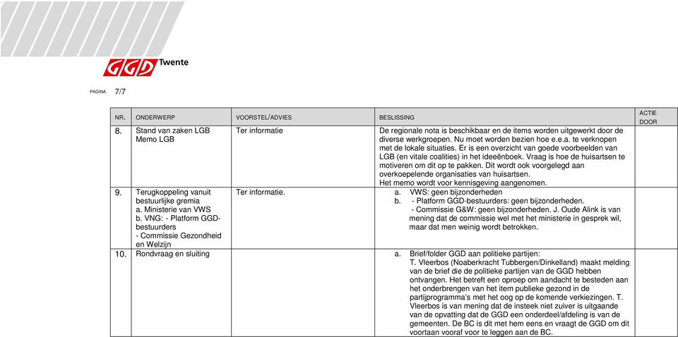 e.a. te verknopen met de lokale situaties. Er is een overzicht van goede voorbeelden van LGB (en vitale coalities) in het ideeënboek. Vraag is hoe de huisartsen te motiveren om dit op te pakken.