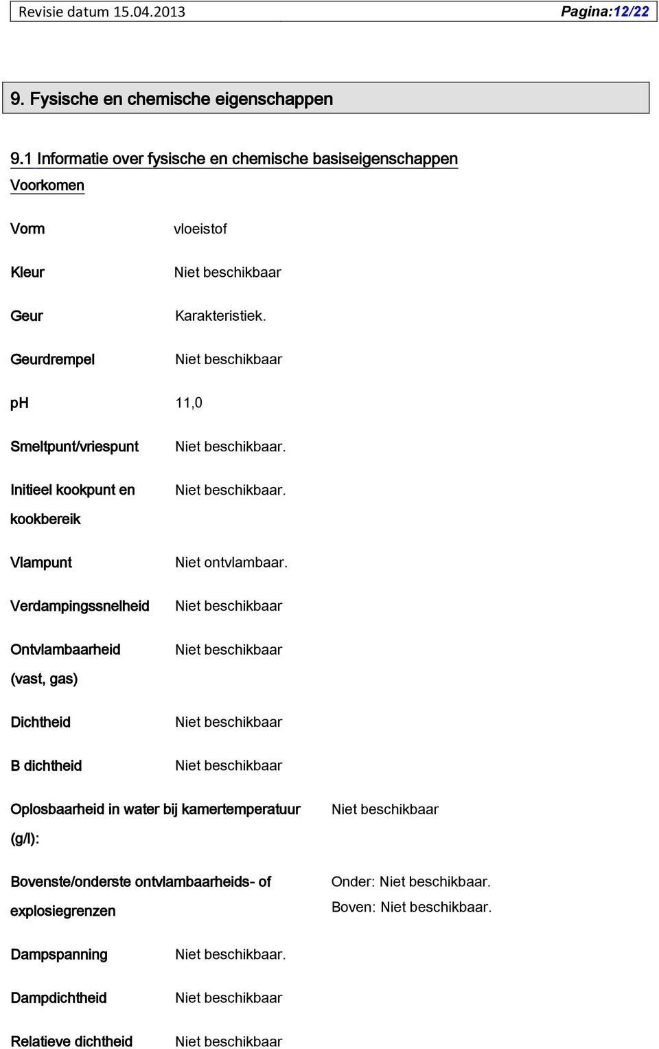 Geurdrempel ph 11,0 Smeltpunt/vriespunt. Initieel kookpunt en. kookbereik Vlampunt Niet ontvlambaar.