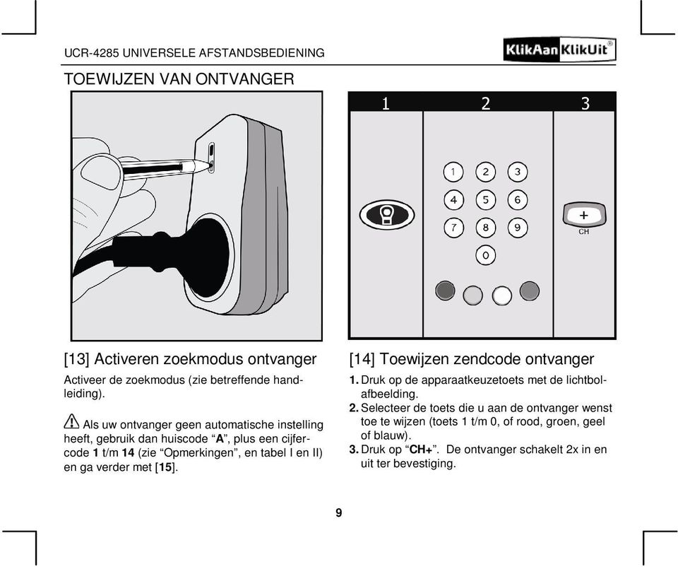 II) en ga verder met [15]. [14] Toewijzen zendcode ontvanger 1. Druk op de apparaatkeuzetoets met de lichtbolafbeelding. 2.