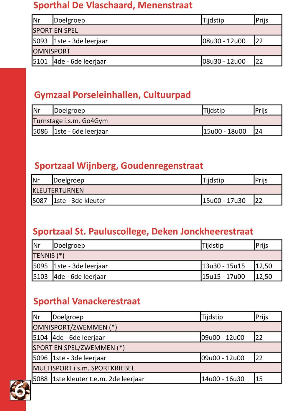 Go4Gym 5086 1ste - 6de leerjaar 15u00-18u00 24 Sportzaal Wijnberg, Goudenregenstraat Nr Doelgroep Tijdstip Prijs KLEUTERTURNEN 5087 1ste - 3de kleuter 15u00-17u30 22 Sportzaal St.