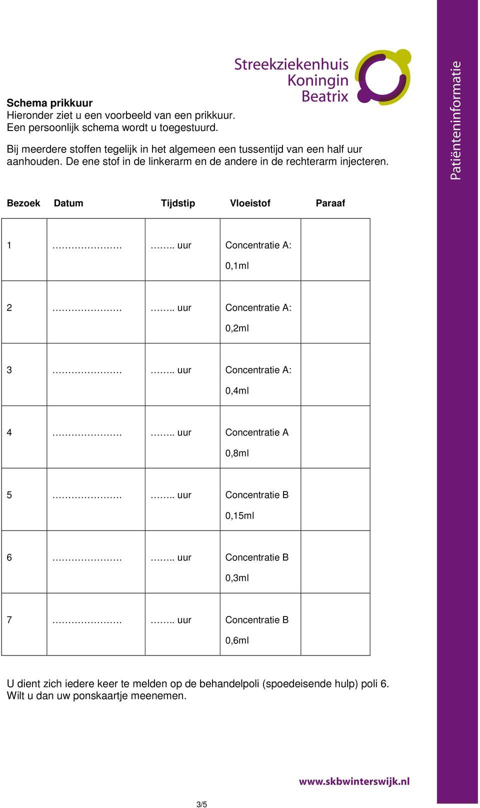 Bezoek Datum Tijdstip Vloeistof Paraaf 1... uur Concentratie A: 0,1ml 2... uur Concentratie A: 0,2ml 3... uur Concentratie A: 0,4ml 4.