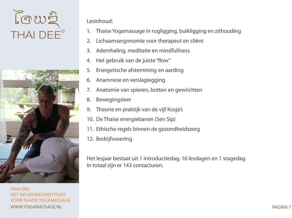 Anatomie van spieren, botten en gewrichten 8. Bewegingsleer 9. Theorie en praktijk van de vijf Kosja s 10. De Thaise energiebanen (Sen Sip) 11.