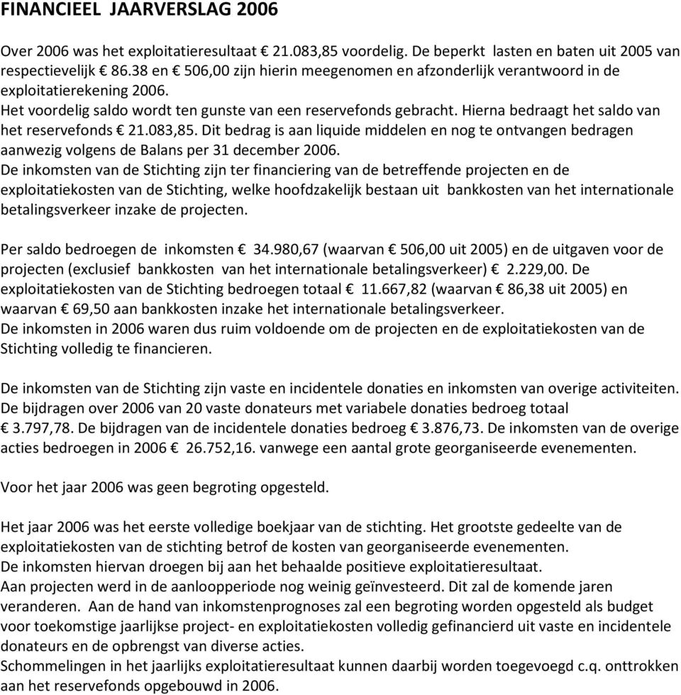 Hierna bedraagt het saldo van het reservefonds 21.083,85. Dit bedrag is aan liquide middelen en nog te ontvangen bedragen aanwezig volgens de Balans per 31 december 2006.