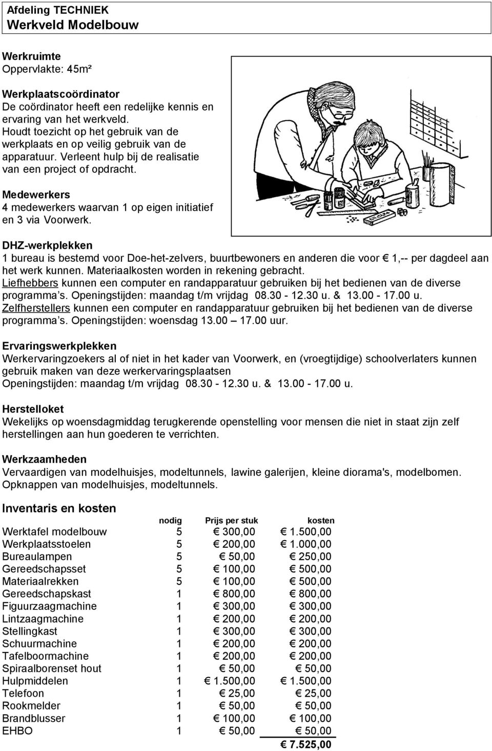 bureau is bestemd voor Doe-het-zelvers, buurtbewoners en anderen die voor,-- per dagdeel aan het werk kunnen. Materiaalkosten worden in rekening gebracht.