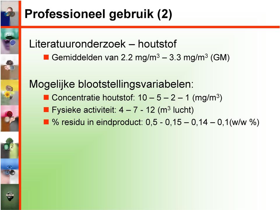 3 mg/m 3 (GM) Mogelijke blootstellingsvariabelen: Concentratie