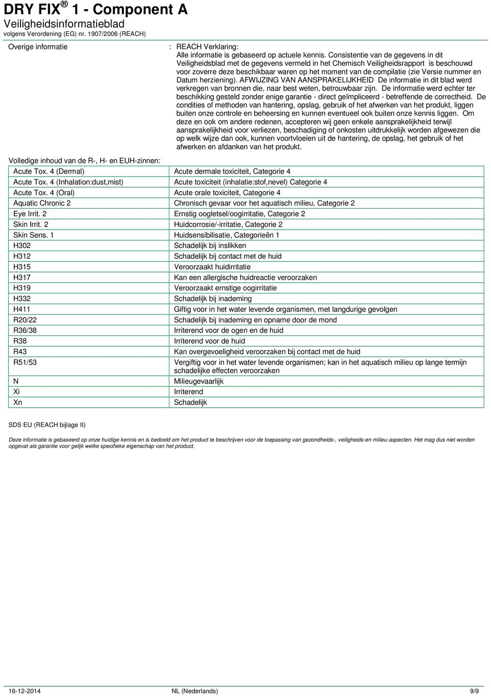 Versie nummer en Datum herziening). AFWIJZING VAN AANSPRAKELIJKHEID De informatie in dit blad werd verkregen van bronnen die, naar best weten, betrouwbaar zijn.