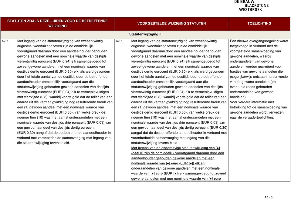 aantal van de destijds door de betreffende aandeelhouder onmiddellijk voorafgaand aan die statutenwijziging gehouden gewone aandelen van destijds vierentwintig eurocent (EUR 0,24) elk te