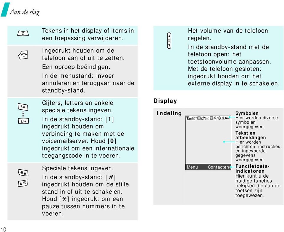 In de standby-stand: [1] ingedrukt houden om verbinding te maken met de voicemailserver. Houd [0] ingedrukt om een internationale toegangscode in te voeren. Speciale tekens ingeven.