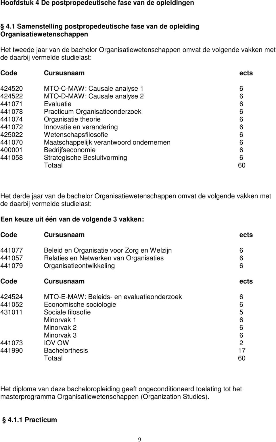 424520 MTO-C-MAW: Causale analyse 1 6 424522 MTO-D-MAW: Causale analyse 2 6 441071 Evaluatie 6 441078 Practicum Organisatieonderzoek 6 441074 Organisatie theorie 6 441072 Innovatie en verandering 6