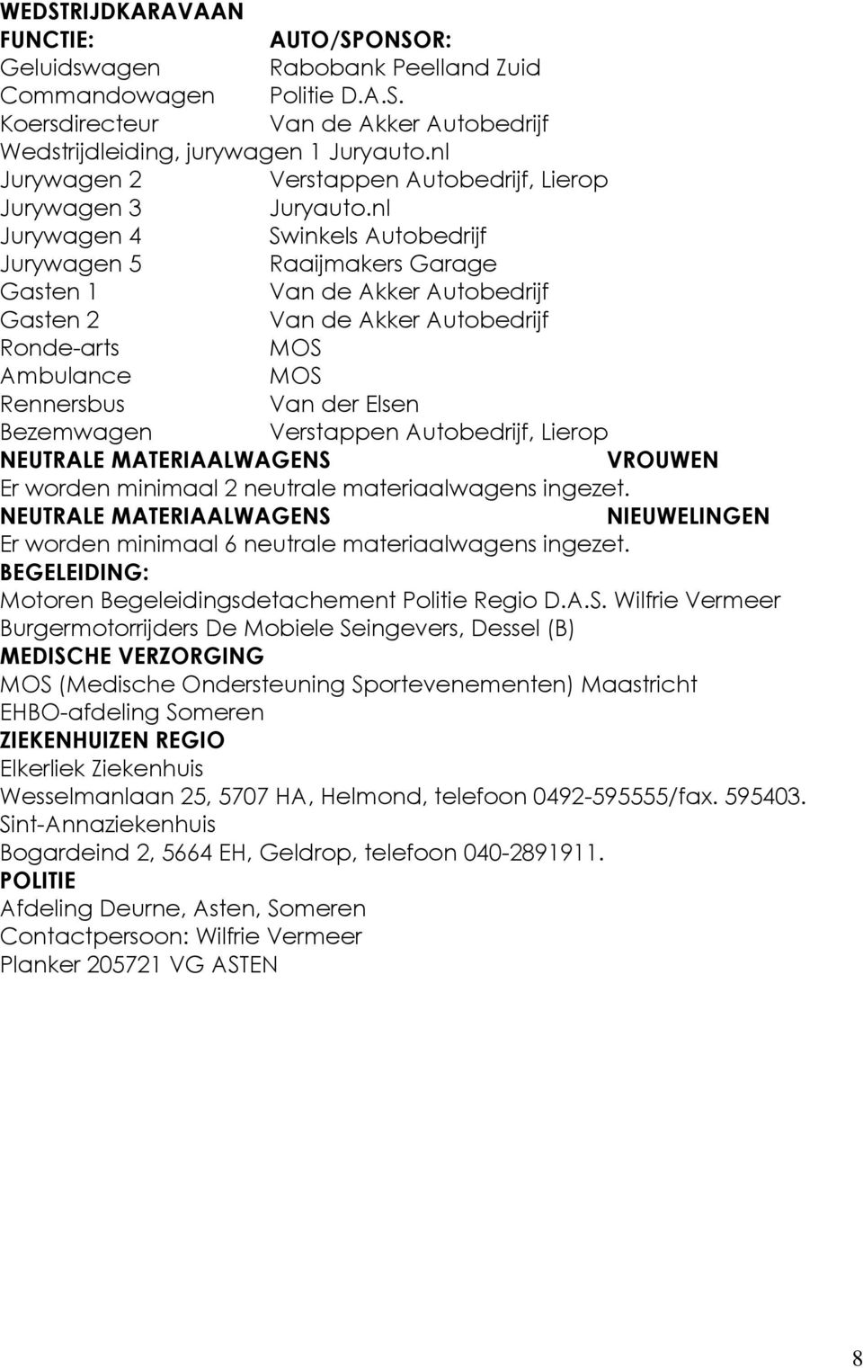 nl Jurywagen 4 Swinkels Autobedrijf Jurywagen 5 Raaijmakers Garage Gasten 1 Van de Akker Autobedrijf Gasten 2 Van de Akker Autobedrijf Ronde-arts MOS Ambulance MOS Rennersbus Van der Elsen Bezemwagen