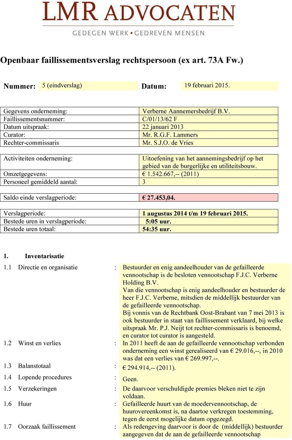 de Vries Activiteiten onderneming: Uitoefening van het aannemingsbedrijf op het gebied van de burgerlijke en utiliteitsbouw. Omzetgegevens: 1.542.