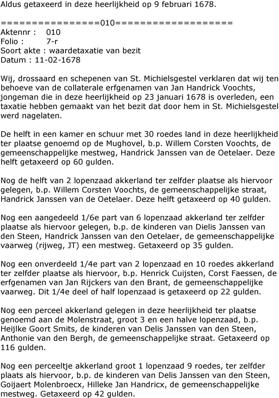 Michielsgestel verklaren dat wij ten behoeve van de collaterale erfgenamen van Jan Handrick Voochts, jongeman die in deze heerlijkheid op 23 januari 1678 is overleden, een taxatie hebben gemaakt van