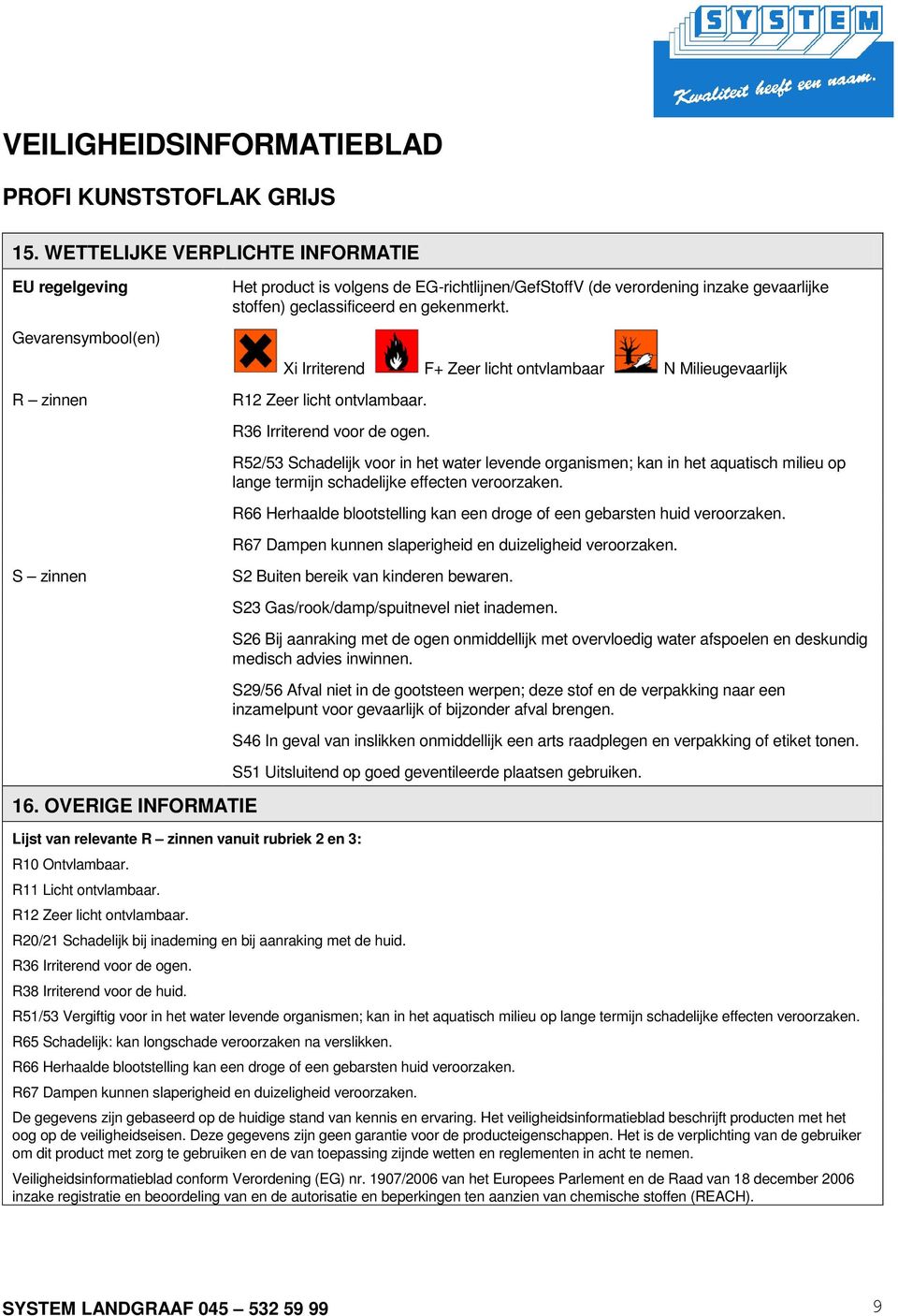 Xi Irriterend F+ Zeer licht ontvlambaar N Milieugevaarlijk R12 Zeer licht ontvlambaar. R36 Irriterend voor de ogen.