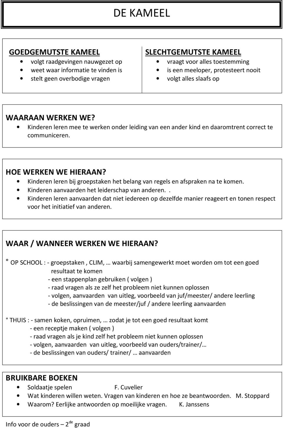 Kinderen leren bij groepstaken het belang van regels en afspraken na te komen. Kinderen aanvaarden het leiderschap van anderen.