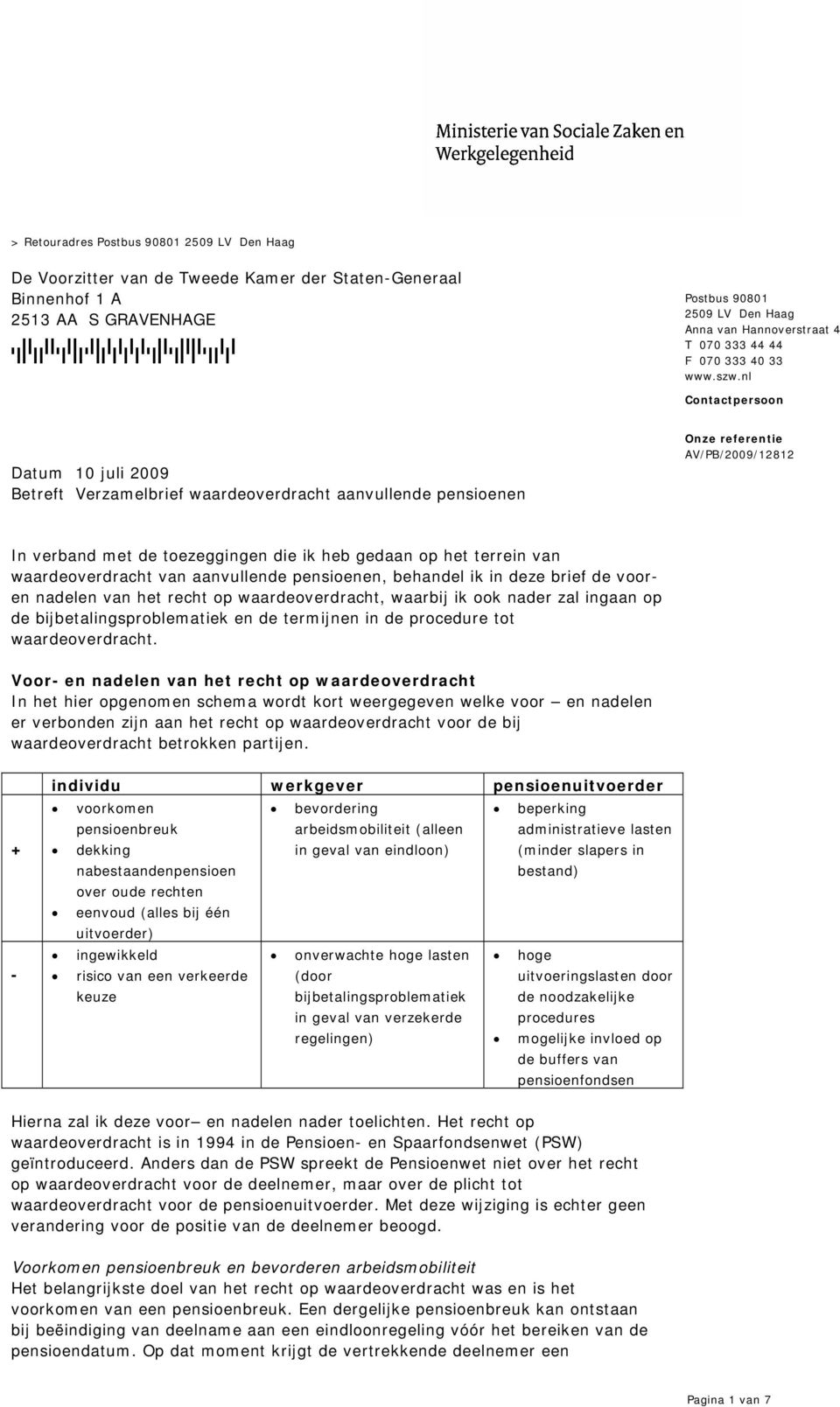 nl Contactpersoon 10 juli 2009 Betreft Verzamelbrief waardeoverdracht aanvullende pensioenen In verband met de toezeggingen die ik heb gedaan op het terrein van waardeoverdracht van aanvullende