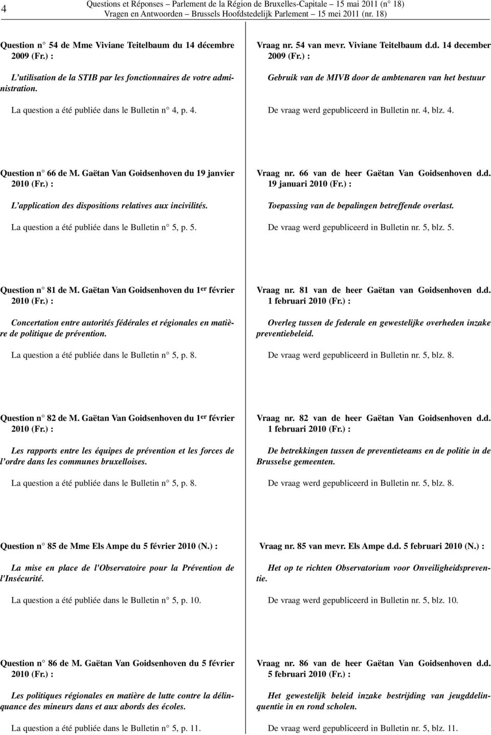 ) : Gebruik van de MIVB door de ambtenaren van het bestuur De vraag werd gepubliceerd in Bulletin nr. 4, blz. 4. Question n 66 de M. Gaëtan Van Goidsenhoven du 19 janvier 2010 (Fr.