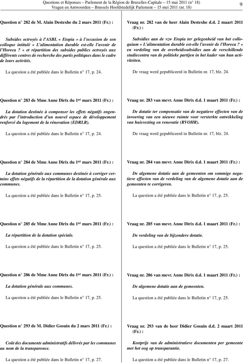 » et répartition des subsides publics octroyés aux différents centres de recherche des partis politiques dans le cadre de leurs activités. La question a été publiée dans le Bulletin n 17, p. 24.